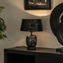 Kleine tafellamp zwart glas met stoffen kap><noscript><img width=