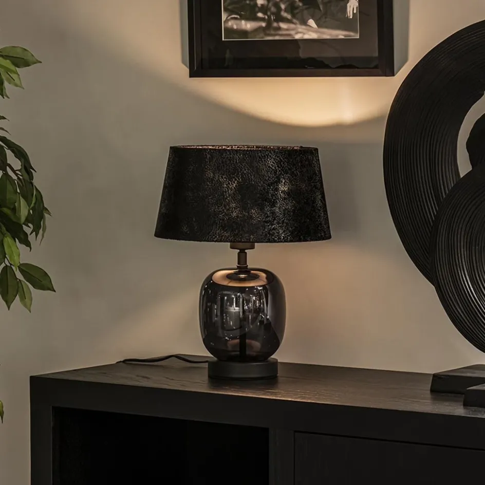 Kleine tafellamp zwart glas met stoffen kap>Straluma Sale