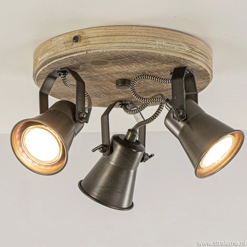 Landelijke 3-lichts plafondspot Seed metaal met hout>Straluma