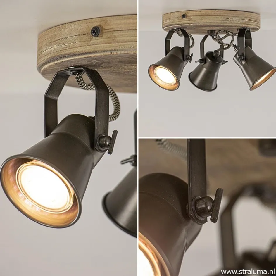 Landelijke 3-lichts plafondspot Seed metaal met hout>Straluma