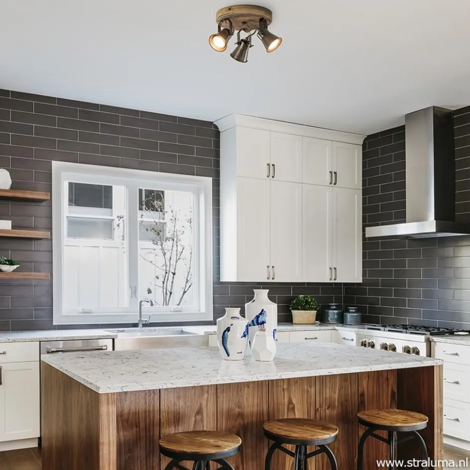 Landelijke 3-lichts plafondspot Seed metaal met hout>Straluma