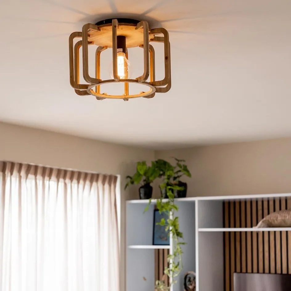 Landelijke plafondlamp ruw hout mat zwart>Straluma Outlet