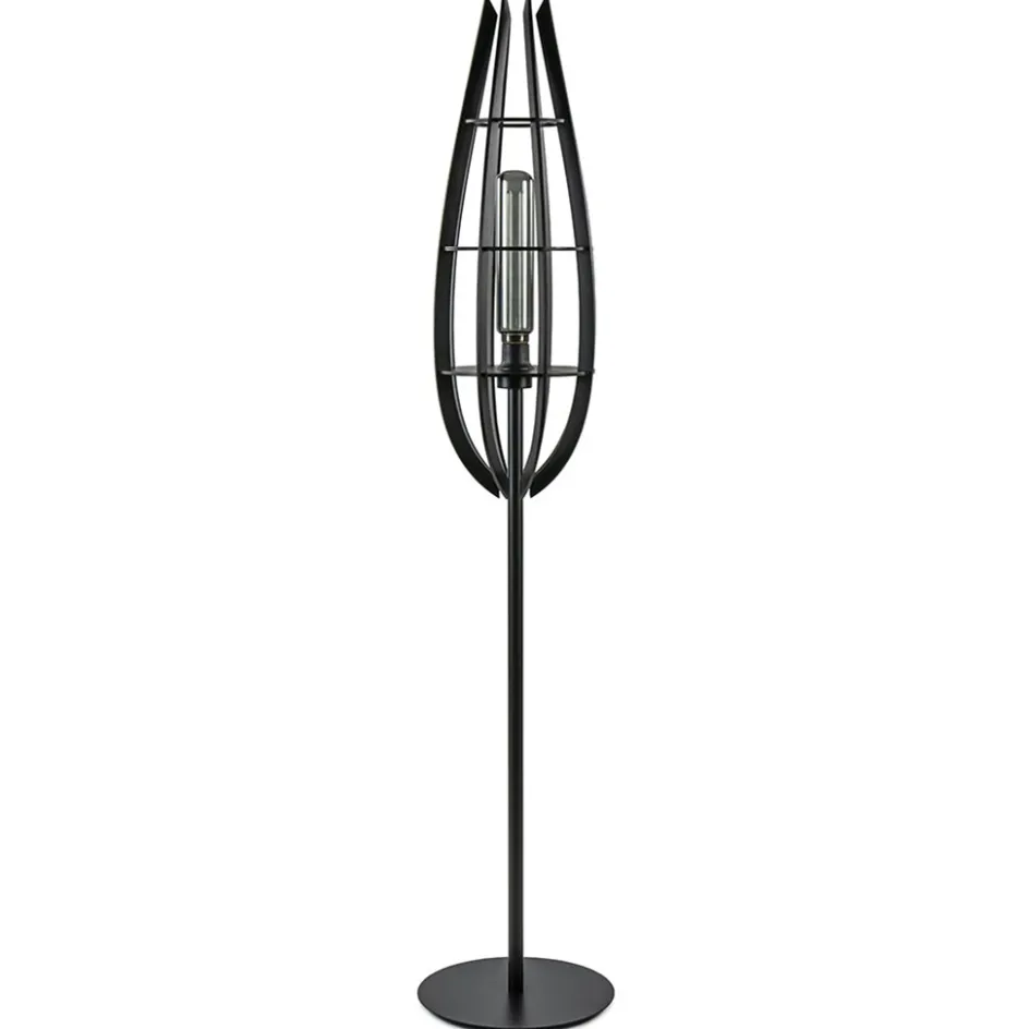 Landelijke vloerlamp mat zwart met houten kap>Straluma Clearance