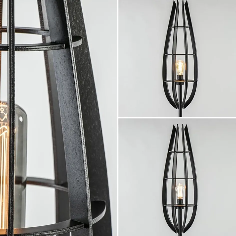 Landelijke vloerlamp mat zwart met houten kap>Straluma Clearance