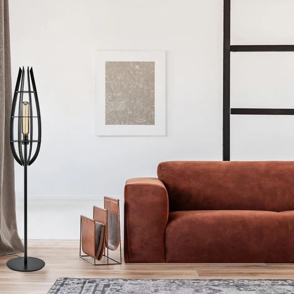 Landelijke vloerlamp mat zwart met houten kap>Straluma Clearance