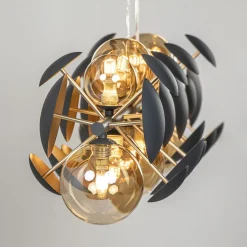 Langwerpige hanglamp grijs/goud + amber glas><noscript><img width=