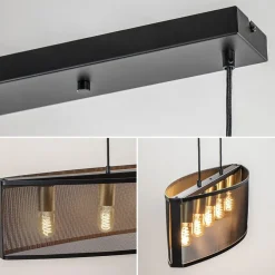 Langwerpige hanglamp mat zwart metaal met goud><noscript><img width=