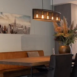 Langwerpige hanglamp mat zwart metaal met goud><noscript><img width=