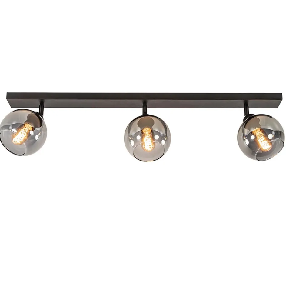 Langwerpige plafondlamp mat zwart met smoke glazen bollen>Straluma Online