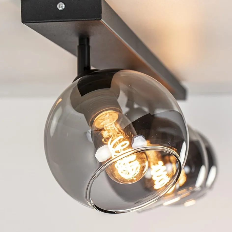Langwerpige plafondlamp mat zwart met smoke glazen bollen>Straluma Online