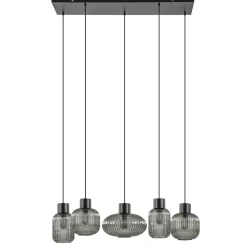 5-Lichts eettafelhanglamp geribbeld smoke glas met zwart>Straluma Best