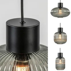 5-Lichts eettafelhanglamp geribbeld smoke glas met zwart></noscript>Straluma Best