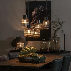 5-Lichts eettafelhanglamp geribbeld smoke glas met zwart></noscript>Straluma Best