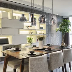 6-Lichts eettafelhanglamp met smoke/titanium glas><noscript><img width=