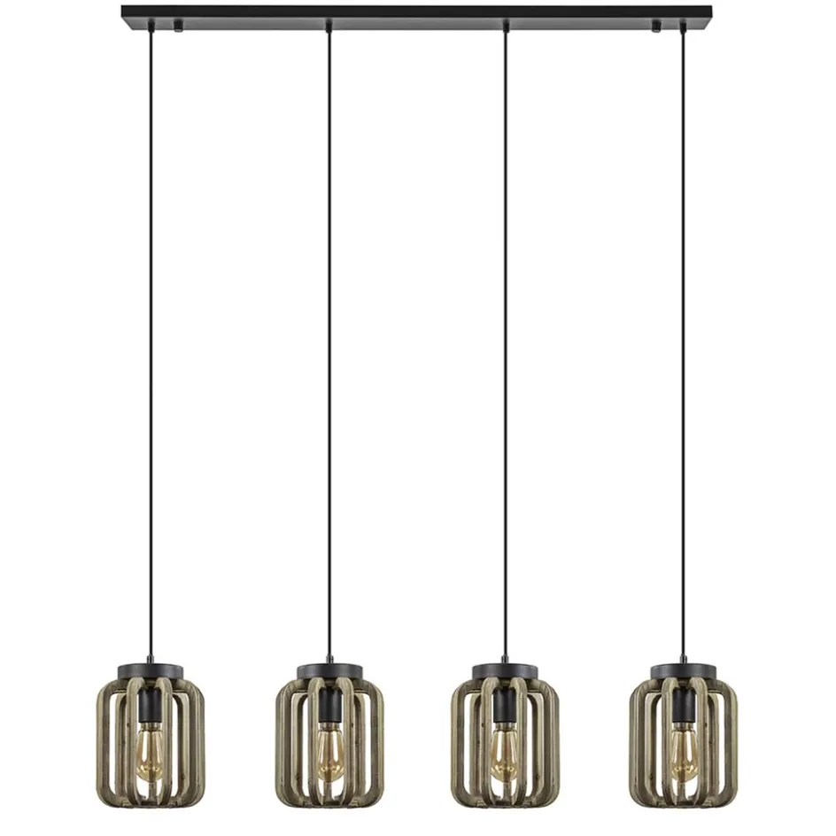 4-Lichts eettafelhanglamp mat zwart met ruw hout>Straluma
