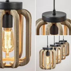 4-Lichts eettafelhanglamp mat zwart met ruw hout><noscript><img width=