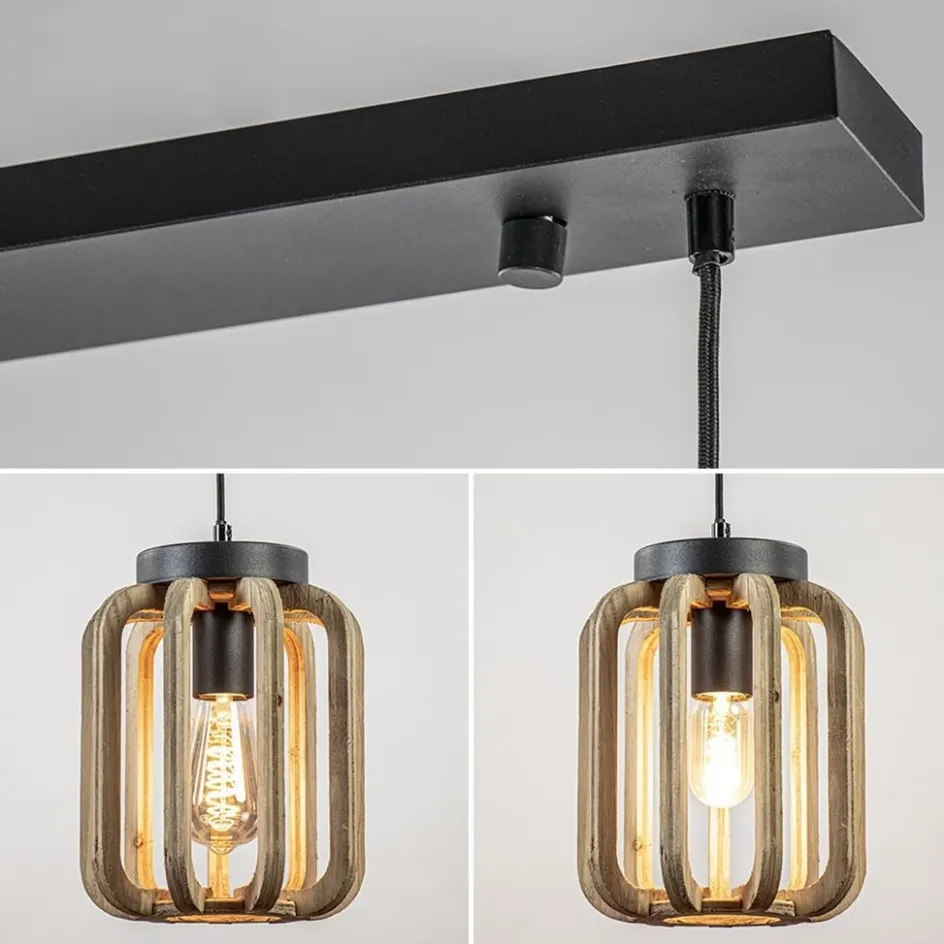4-Lichts eettafelhanglamp mat zwart met ruw hout>Straluma