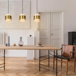 3-Lichts eettafelhanglamp mat goud met opaal glas><noscript><img width=