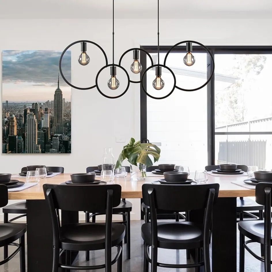 5-Lichts eettafelhanglamp ringen mat zwart>Straluma Online