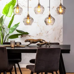 5-Lichts eettafelhanglamp Rakel antiek brass met smoke glas><noscript><img width=