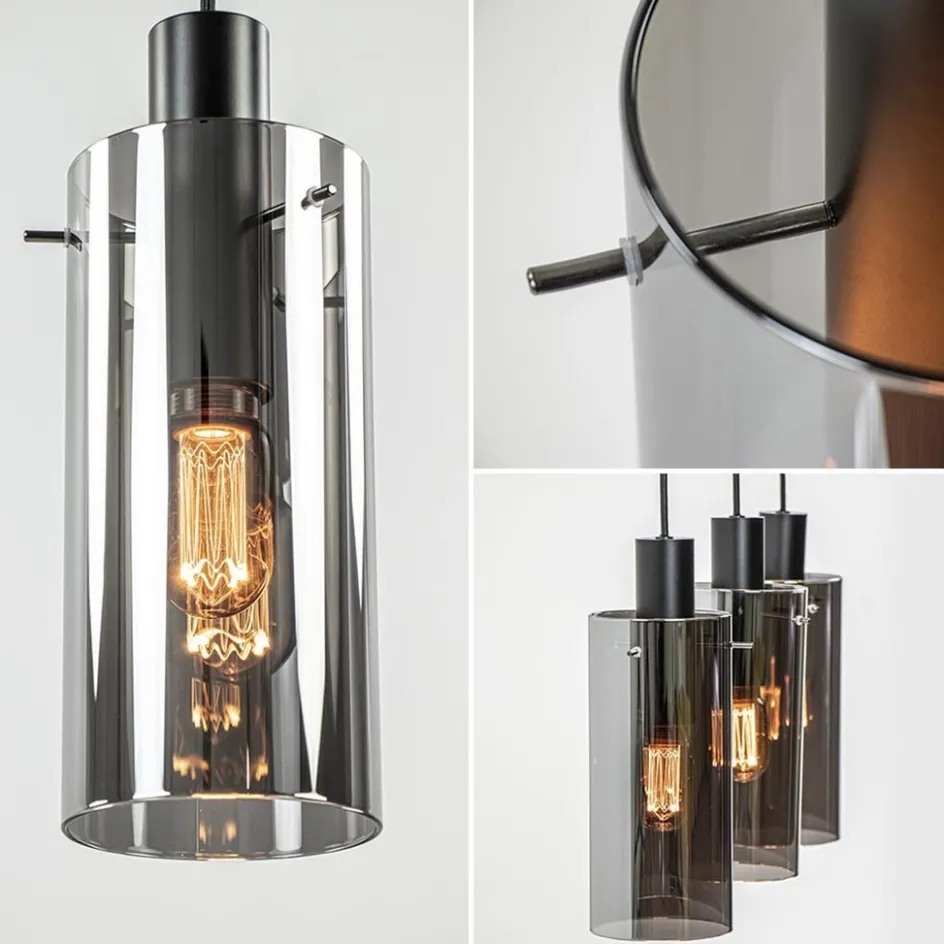 3-Lichts eettafelhanglamp zwart met cilinder smoke glas>Straluma Hot