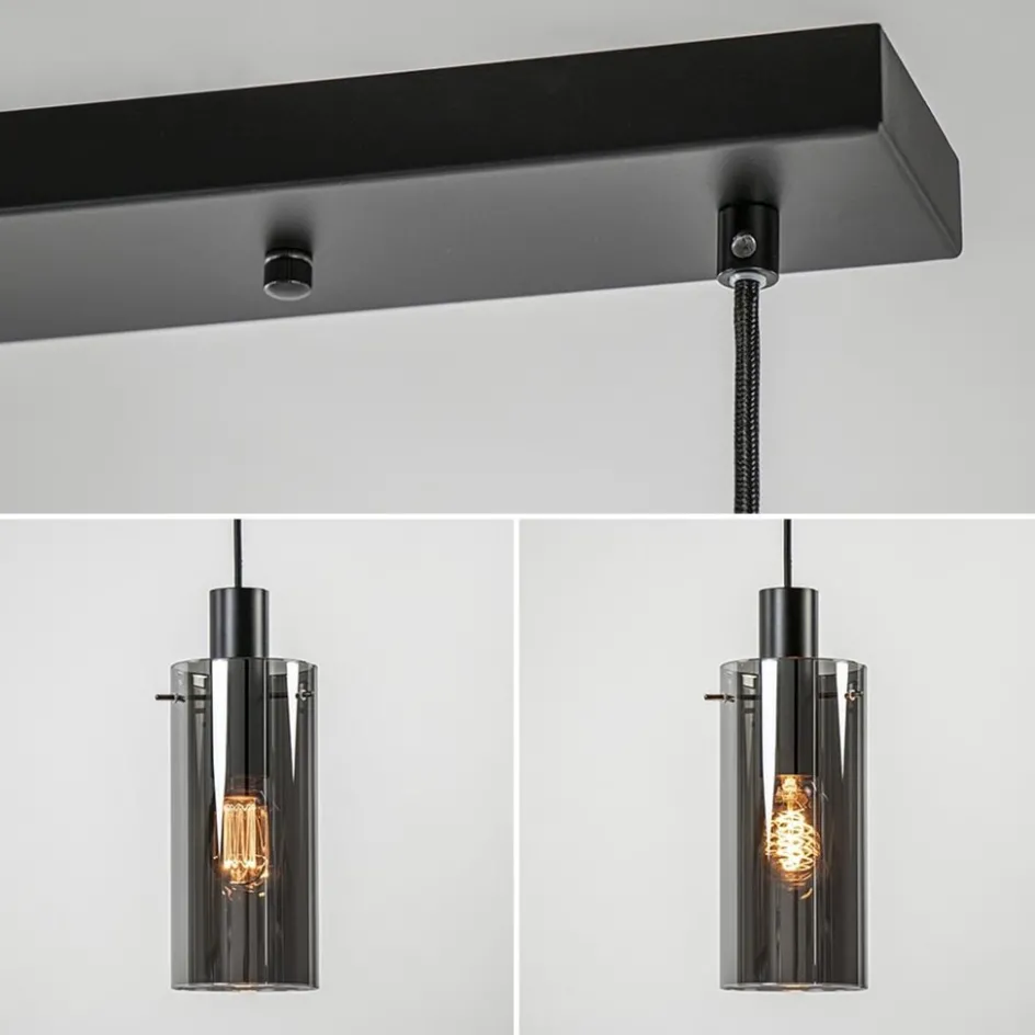 3-Lichts eettafelhanglamp zwart met cilinder smoke glas>Straluma Hot