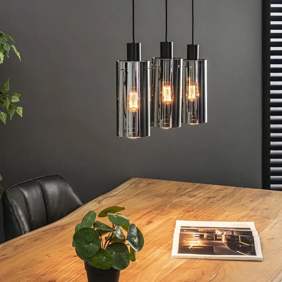 3-Lichts eettafelhanglamp zwart met cilinder smoke glas>Straluma Hot