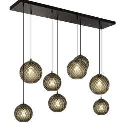 8-Lichts eettafelhanglamp zwart met smoke glazen kappen reliëf>Straluma Outlet