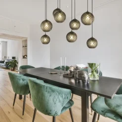 8-Lichts eettafelhanglamp zwart met smoke glazen kappen reliëf><noscript><img width=