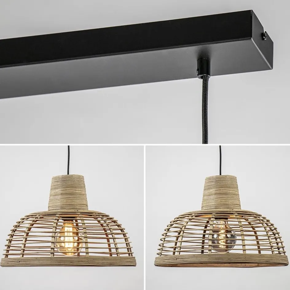 3-Lichts eettafelhanglamp zwart met rotan kappen>Straluma Outlet