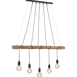 5-Lichts hanglamp houten balk met zwarte pendels><noscript><img width=