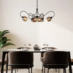 6-Lichts hanglamp mat zwart met smoke glazen kappen><noscript><img width=