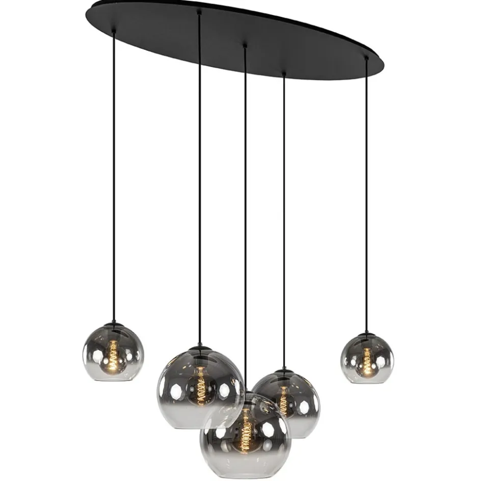 5-Lichts hanglamp ovaal mat zwart met titanium glas>Straluma Outlet