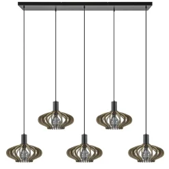 5-Lichts hanglamp zwart met naturel houten kappen>Straluma New