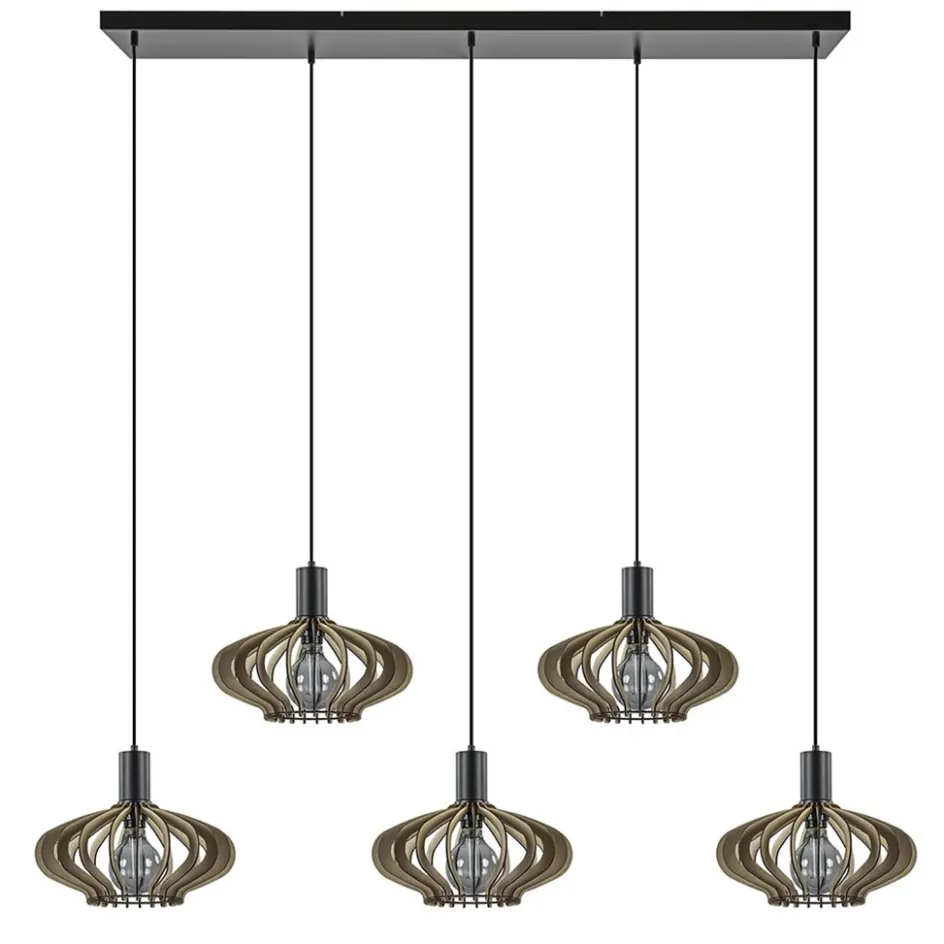 5-Lichts hanglamp zwart met naturel houten kappen>Straluma New