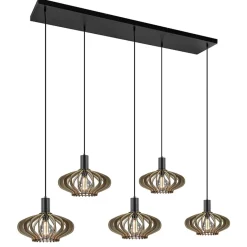 5-Lichts hanglamp zwart met naturel houten kappen>Straluma New