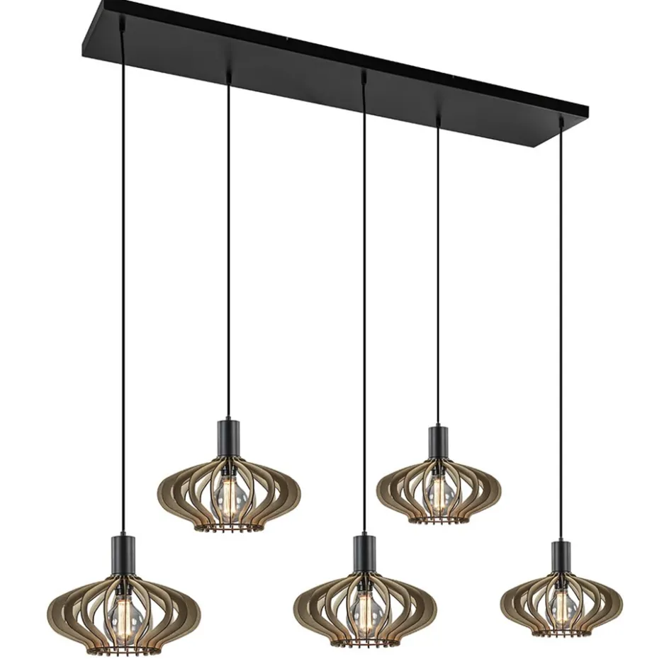5-Lichts hanglamp zwart met naturel houten kappen>Straluma New