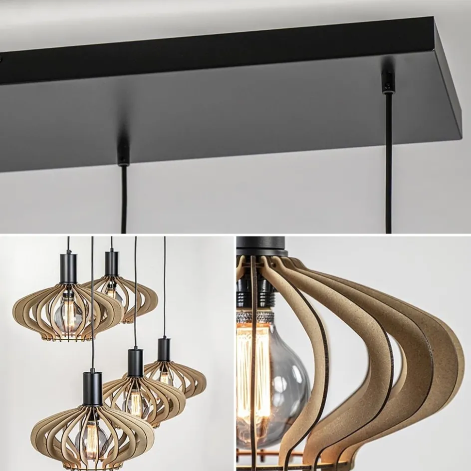 5-Lichts hanglamp zwart met naturel houten kappen>Straluma New
