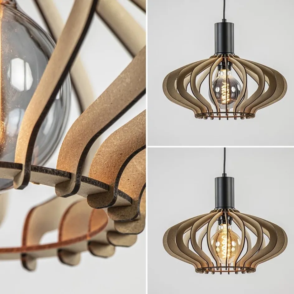 5-Lichts hanglamp zwart met naturel houten kappen>Straluma New