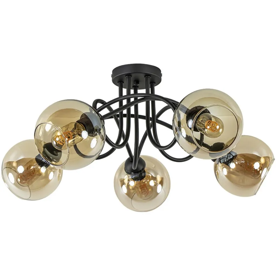 5-Lichts klassieke plafondlamp zwart met amber glazen bollen>Straluma Online