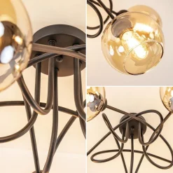 5-Lichts klassieke plafondlamp zwart met amber glazen bollen><noscript><img width=