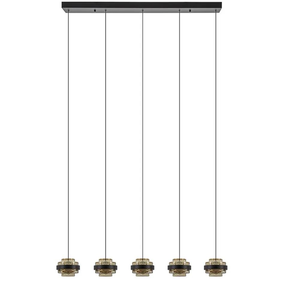 5-Lichts LED eettafelhanglamp zwart met champagne glas>Straluma Discount