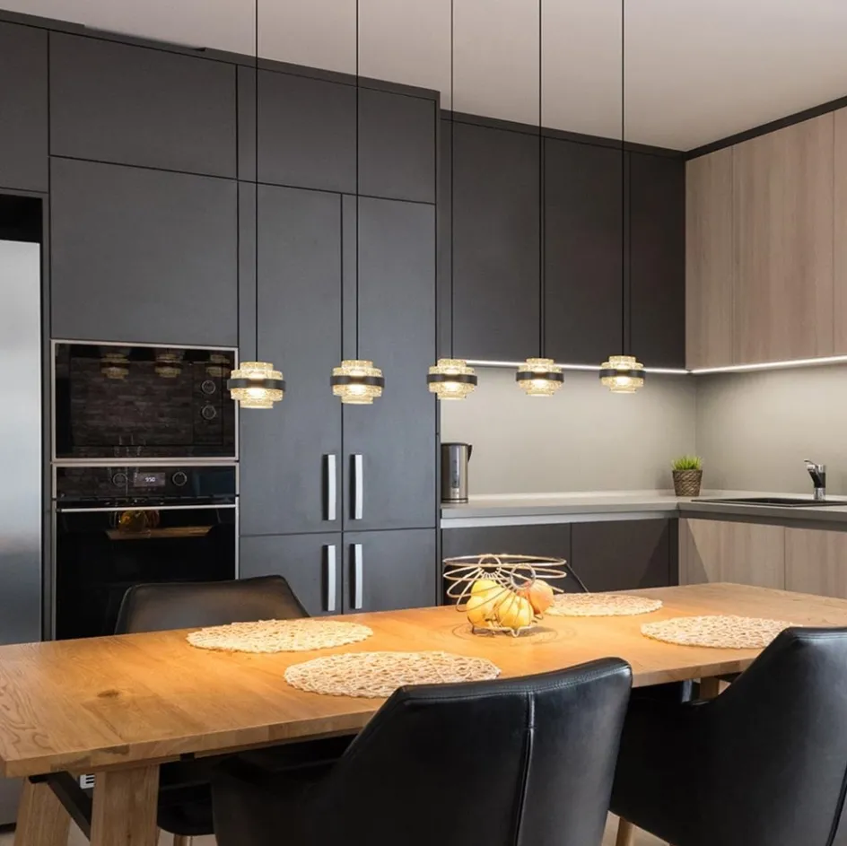 5-Lichts LED eettafelhanglamp zwart met champagne glas>Straluma Discount