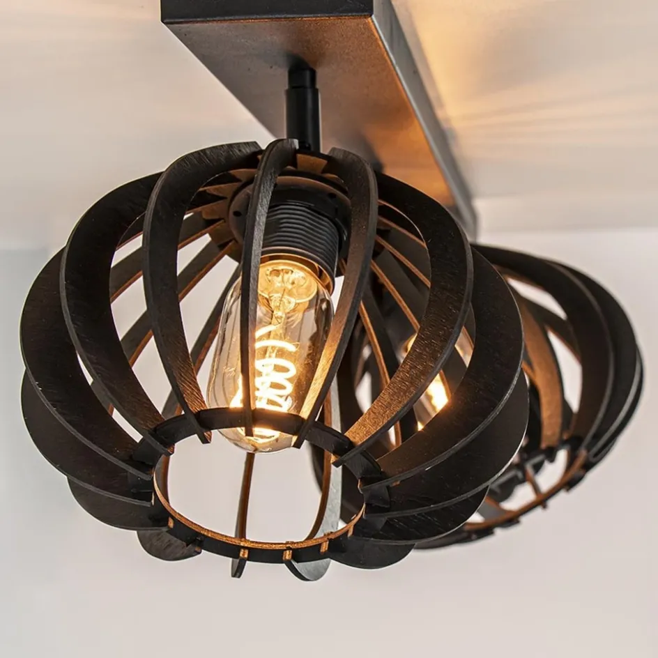 3-Lichts plafondlamp zwart met verstelbare houten kappen>Straluma New