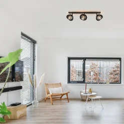 3-Lichts plafondlamp zwart met verstelbare houten kappen><noscript><img width=