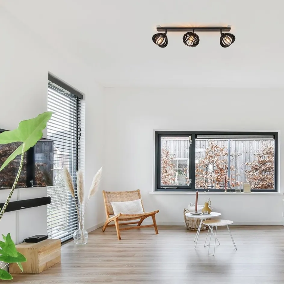 3-Lichts plafondlamp zwart met verstelbare houten kappen>Straluma New