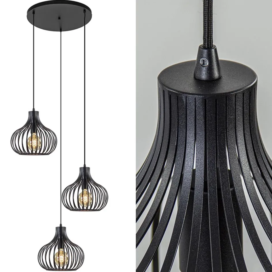 3-Lichts ronde hanglamp met zwarte draadkappen>Straluma Discount