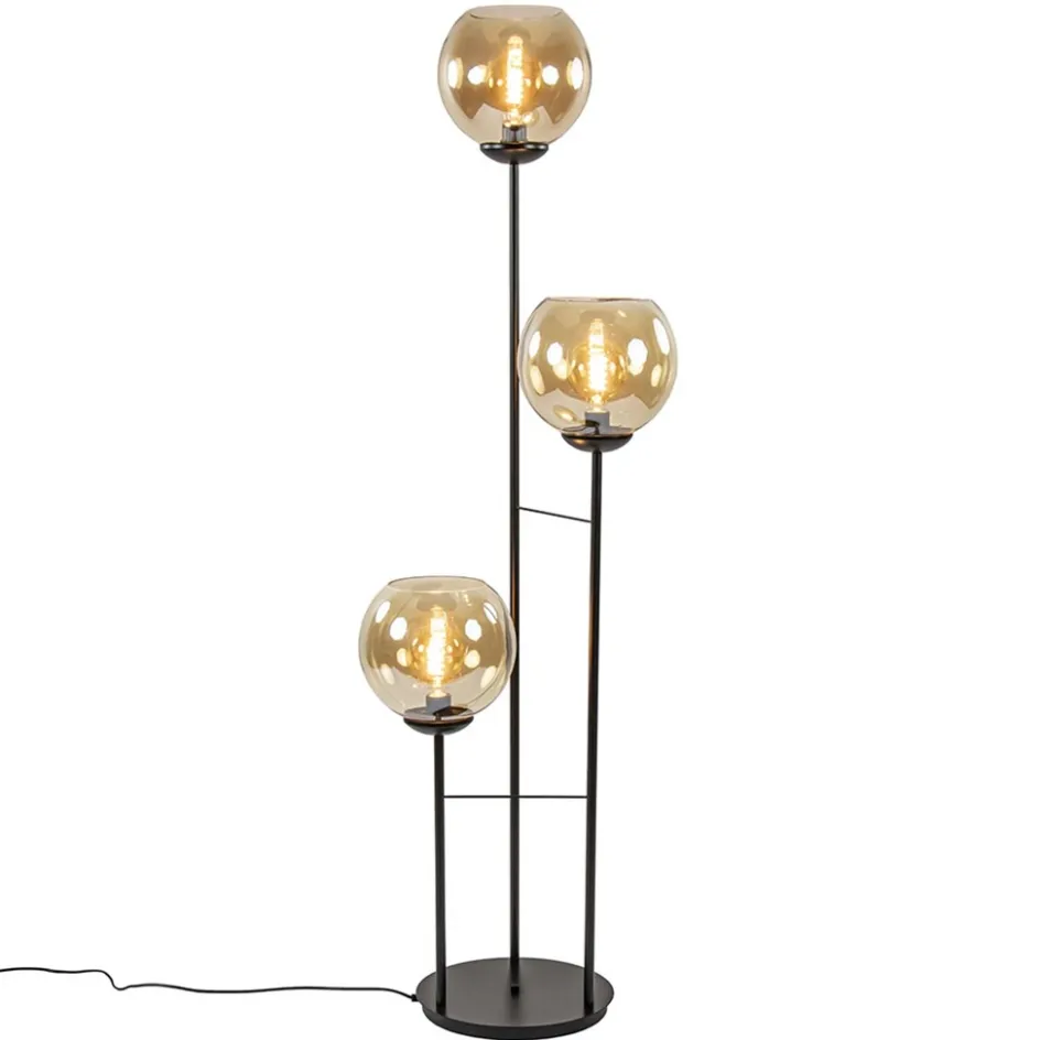 3-Lichts vloerlamp mat zwart met amber glazen bollen>Straluma Clearance