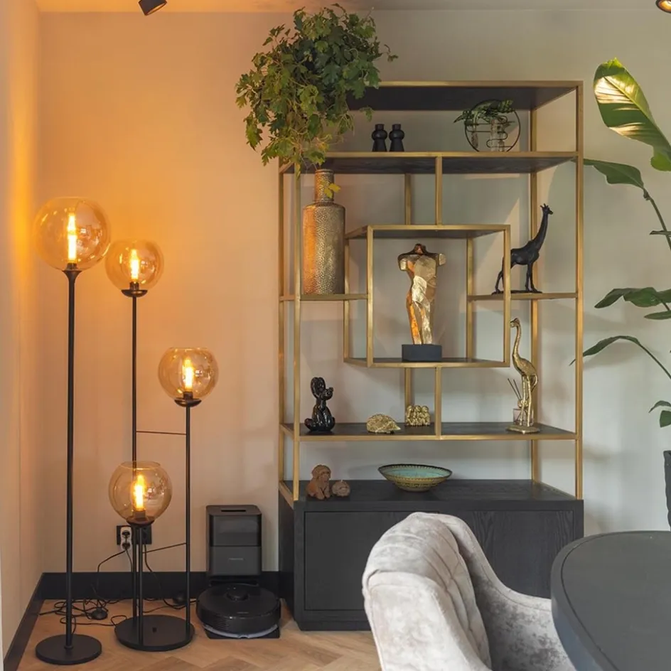 3-Lichts vloerlamp mat zwart met amber glazen bollen>Straluma Clearance