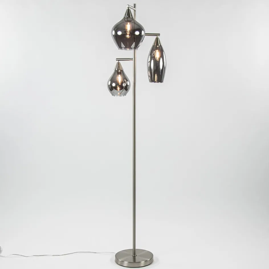 3-Lichts vloerlamp nikkel met smoke glazen kappen dimbaar>Straluma Hot
